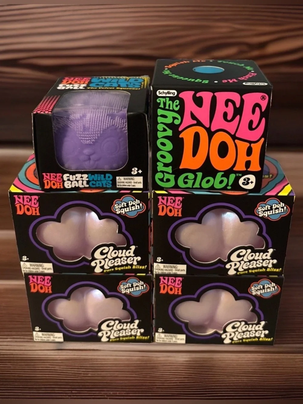 Schylling NeeDoh Cloud Pleaser X4, FuzzBall Wild Cat, Groovy Glob -Lot Of 6 Auth